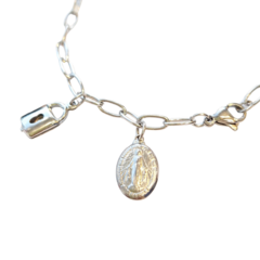 Pulseira Cadeia INOX com CADEADO e Medalha MILAGROSA (Pi60) - PUI142CM - Loja Santo Anjo