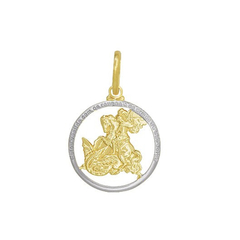 Pingente folheado em ouro e ródio com a imagem de São Jorge, medindo 2cm.