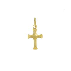 Pingente de cruz em folheado de ouro com detalhes nas pontas, medindo 1,5 cm.
