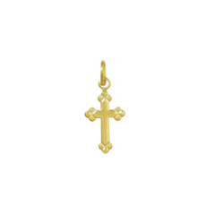 Pingente em forma de cruz portuguesa, mini, folheado a ouro, com detalhes delicados, medindo 1,9 cm.