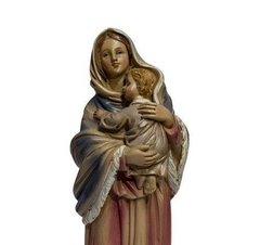 Estátua de Nossa Senhora Maria Mãe de Deus segurando o Menino Jesus, com detalhes em resina.