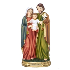 Estátua da Sagrada Família em resina, medindo 13 cm, com Maria, José e o menino Jesus.