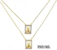 Escapulário Microzircônias Sagrado Coração Jesus e Cor Maria Folheado - comprar online