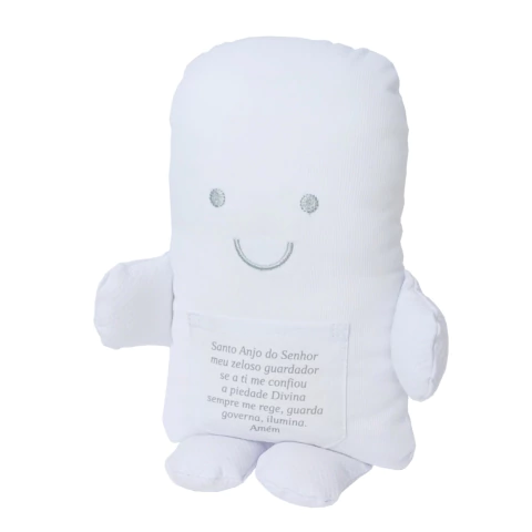 Boneco naninha branco com rosto sorridente bordado e oração do Santo Anjo do Senhor na frente