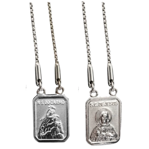 Escapulário tradicional maciço em aço inox com corrente veneziana, com imagens gravadas de Nossa Senhora do Carmo e Sagrado Coração de Jesus