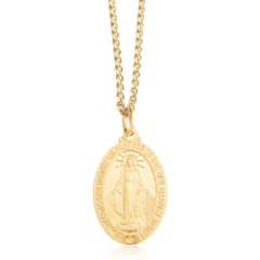 Colar folheado com medalha milagrosa, corrente de 60cm, destaque em ouro.