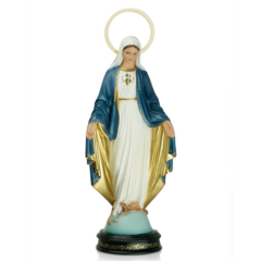 Estátua da Nossa Senhora das Graças, 40 cm, com detalhes em azul e dourado.