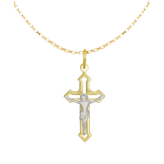 Colar folheado com cruz vazada e imagem de Cristo, com corrente de 50cm.