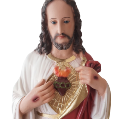 Estátua de resina do Sagrado Coração de Jesus com detalhes em dourado e vermelho, medindo 30cm.