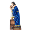 Estátua de São José segurando o menino Jesus, feita de resina, com detalhes em azul e dourado, medindo 30 cm.