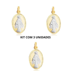 Kit  3 Pingentes Nossa Senhora Das Graças Medlha Milagrosa Média Folheada a Ouro Com Detalhes em Ródio