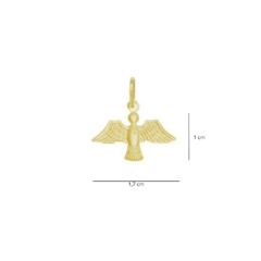 Pendente em formato de Espírito Santo folheado a ouro, medindo 1 cm de altura e 1,7 cm de largura.