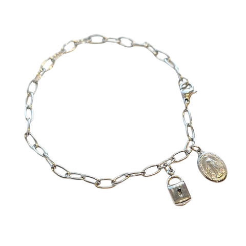 Pulseira de cadeia em inox com cadeado e medalha milagrosa.