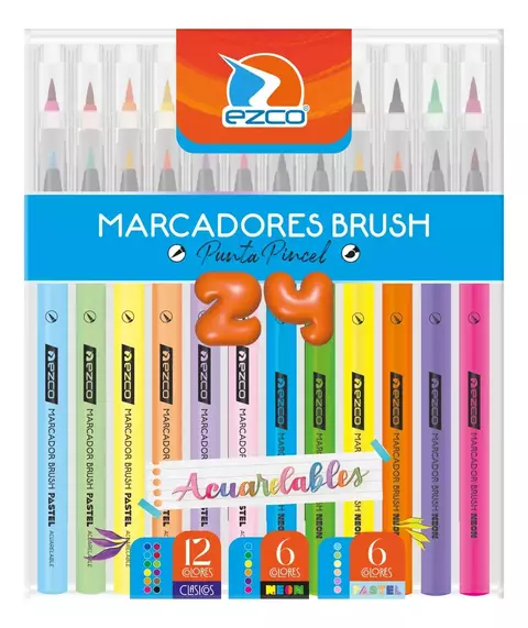 Marcadores Ezco Brush Punta Pincel Acuarelables Pack X24 Unidades