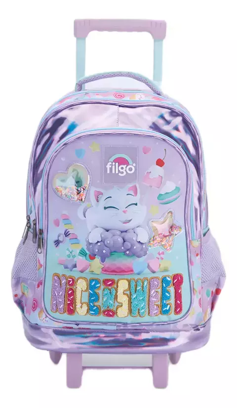 Mochila Filgo Escolar 3d Gatito 18 Pulgadas Con Carrito