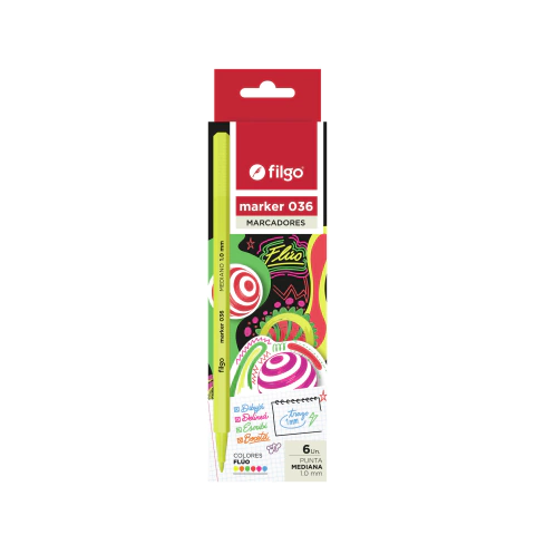 Marcadores Filgo Marker 036 1mm - 6 Colores Fluo Neón