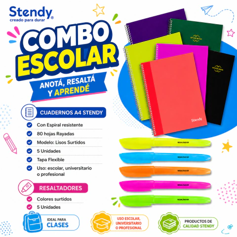Combo 5 Cuadernos Universitarios + 5 Resaltadores - HB Integral - Todo en un solo lugar!