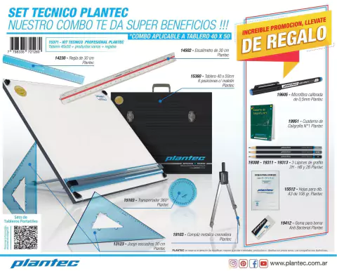 Set Tablero Dibujo 40x50 Plantec + Atril 6 Posiciones + Maletin + 7 Regalos