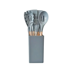 Utensilios Cocina Set 12 Piezas Mango Bambú Color Gris y Tiza Carol