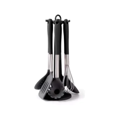 Utensilios Cocina Fusion Set 6 Piezas + Base Giratoria Mango Acero Color Gris y Negro Carol - comprar online