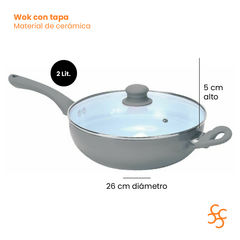 Wok cerámica antiadherente gris con tapa vidrio N° 26 Carol - comprar online
