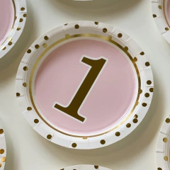 Platos número 1 rosa con dorado x6