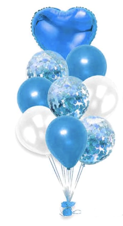 Bouquet x9 globos corazón celeste y blanco