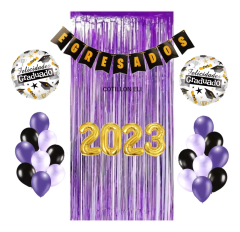 Combo Cotillon Egresados Globos Decoracion Violeta Dorado