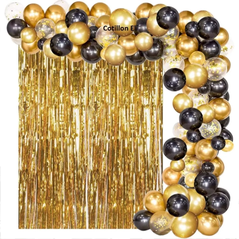 Arco Organico 100 Globos Negro Dorado Confetti 2 Cortinas