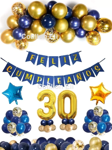 Combo Cumple Azul Dorado Banderin Globos Confetti Numero
