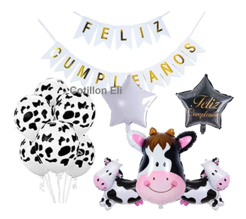 Set Deco Feliz Cumple Globos Vaca Manchas Vaca Y Banderin