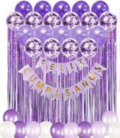 Combo Feliz Cumpleaños Lila Violeta Globos Banderin Cortina