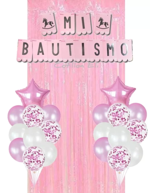 Combo Deco Bautismo Rosa Globos Cortina Banderin