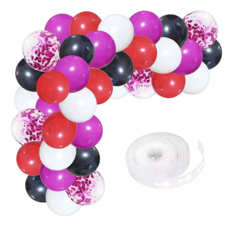 Arco De Globos Confeti Cinta Chico Rojo Fucsia Negro Blanco