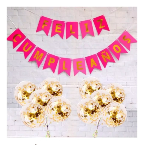 Combo Banderin Feliz Cumple Rosa + Globos Confetti Dorado