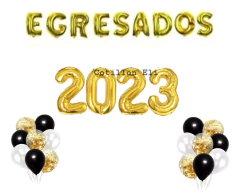 Combo Cotillon Egresados Globos Deco Negro Dorado Letras 2