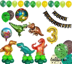 Kit Deco Feliz Cumple Globos Dinosaurios Banderin Y Numero