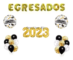 Combo Cotillon Egresados Globos Deco Negro Dorado Letras 4