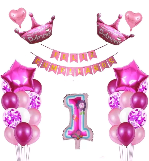 Set Globos Cumple Primer Añito 1 Año Nena Corona Princess