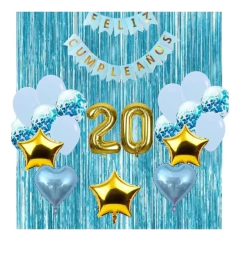Combo Globos Cumpleaños Celeste Estrellas Argentina Campeon