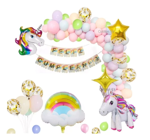 Combo Feliz Cumple Globos Unicornio 3 D Arco Iris Pastel