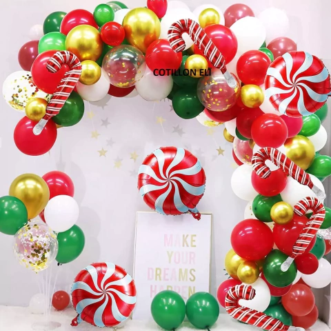 Arco Decorativo Globos Navidad Rojo Verde Dorado Confetti