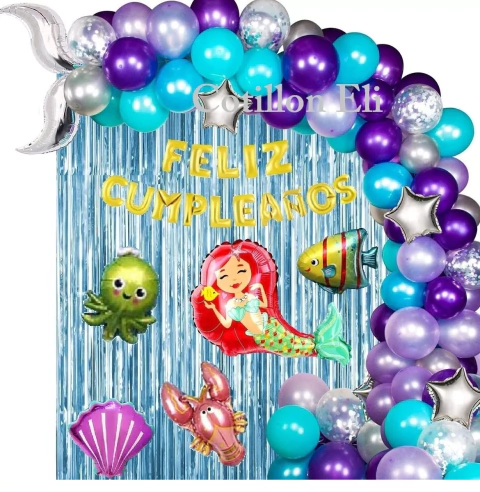 Set Deco Globos Sirenita Peces Mar Arco Cola Sirena Cortina