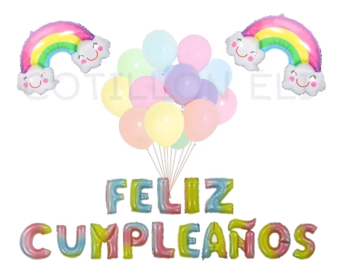 Combo Arcoiris Feliz Cumple Globos Pastel Cotillon
