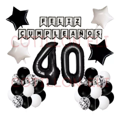 Combo Cumple 40 Años - Globos Banderin Negro Blanco