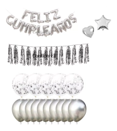 Set Cartel Feliz Cumpleaño Plateado Borlas Confeti Estrella - comprar online