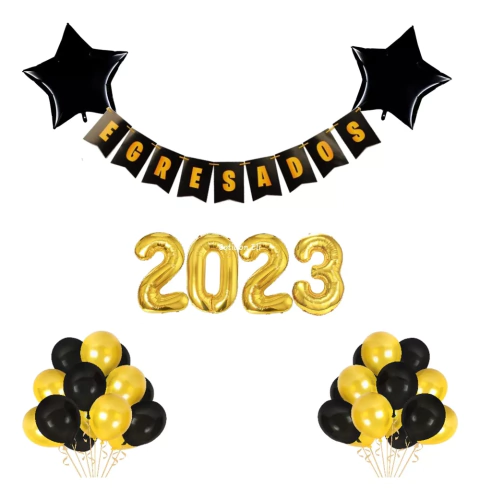 Combo Cotillon Egresados Globos Decoracion Negro Dorado 3