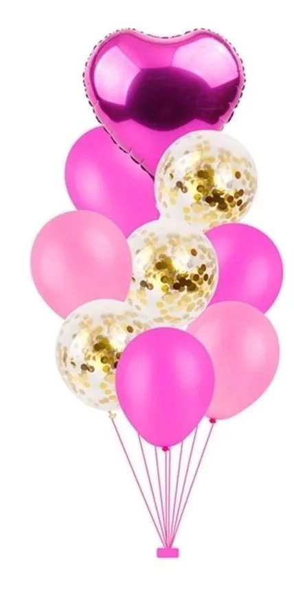 Set 9 Globos Corazon Metalizado Transparente Confetti Fucsia