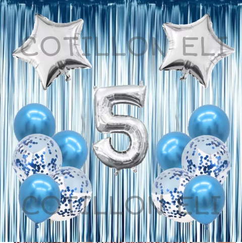 Combo Cumple Celeste Plata + 5 Globos Con Confeti Cotillon