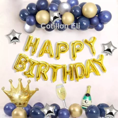 Combo Cumple Azul Dorado Cortina Globos Confetti Corona en internet